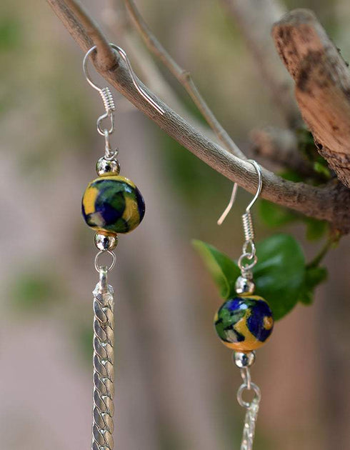 Blue Pottery beads With Metal Chain Earring in Yellow Base With Blue Flower